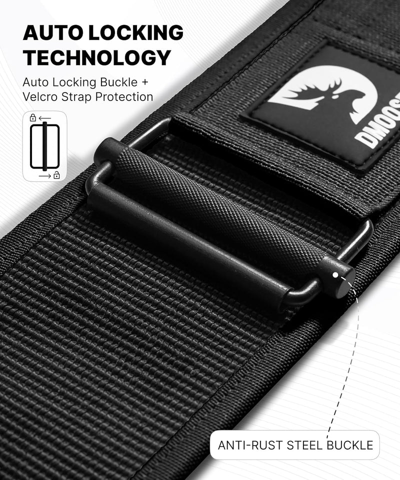 DMoose Fitness Weight Lifting Belt - Auto Locking 4" Nylon Gym Belt with Adjustable Buckle - Provides Lumbar Support & Stability for Olympic Training, WOD & Cross Training for Men & Women