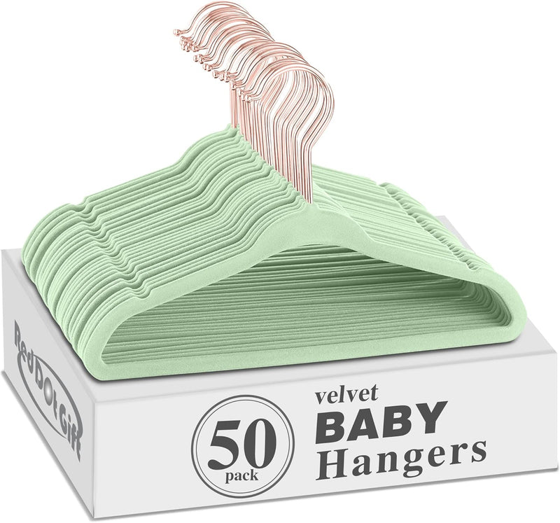 Red Dot Gift® 50 Pack Baby Velvet Hangers 11Inch/28cm - Nursery Clothes Hangers Non Slip Toddler Hangers, 360 Chrome Swivel Hook (White, 50)