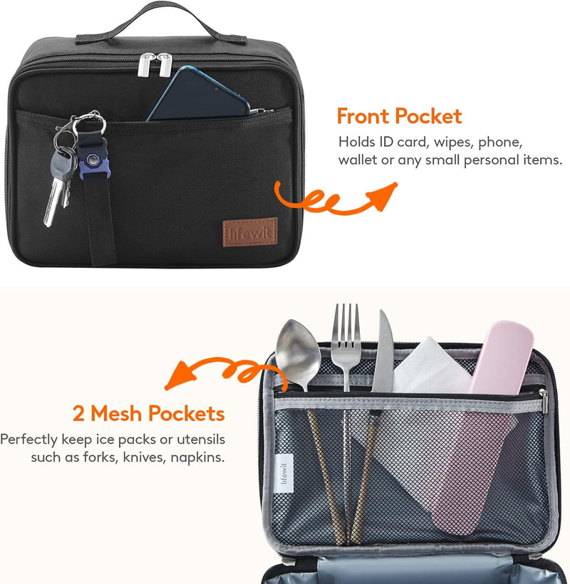 Freezable Lunch Box, Insulated Reusable Lunch Bag with 2 Ice Packs, Mini Cooler Snack Bag for Bento Box for Salad, Sandwich, Snacks for Boys/Girls/Men/Women for School/Work/Daycare, Black
