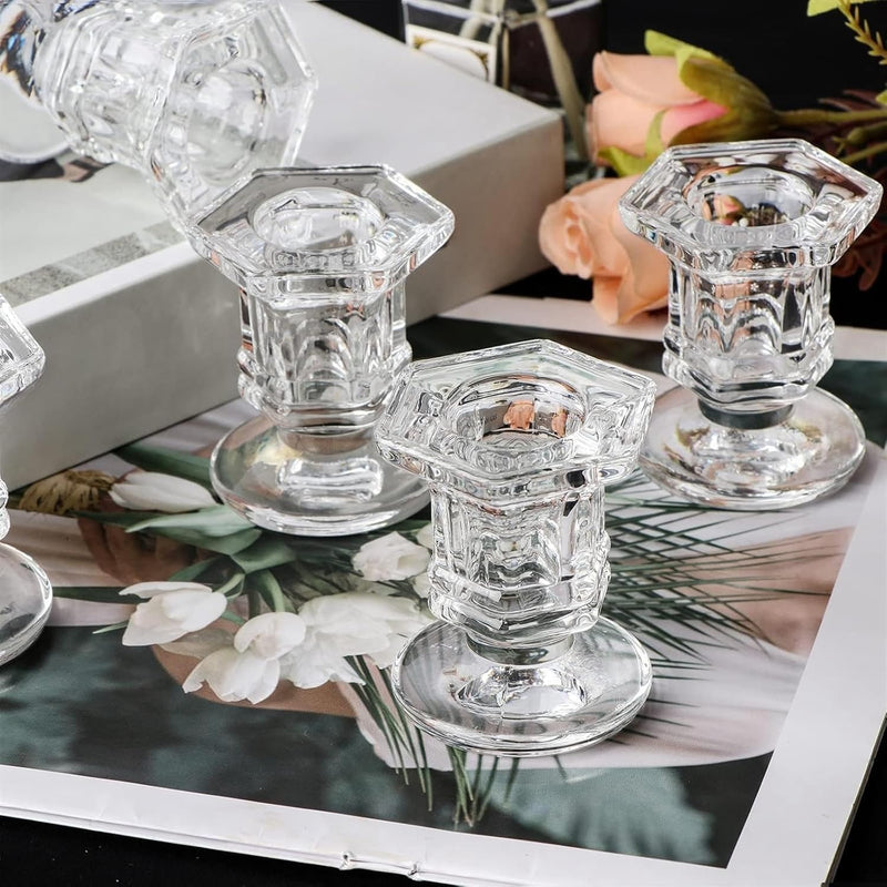 THE WHITE SHOP 12PCS-Candlestick Holders Bulk, Glass Candle Holders Set Clear, Crystal Taper Candle Holders for Wedding, Table Centerpiece, Home Decoration