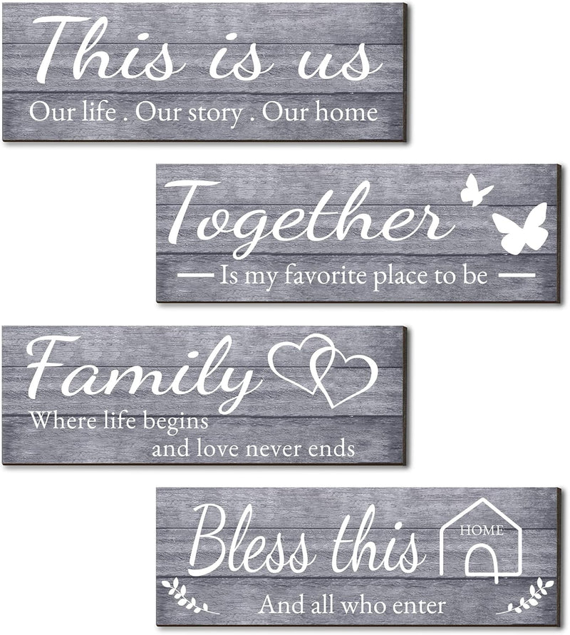Joyhawk 4 Pieces Home Wall Signs, THIS IS US/TOGETHER/BLESS THIS HOME/FAMILY Wall Decor For Living Room Bedroom, Rustic Wooden Farmhouse Wall Art , 4.7 x 13.8 Inch(Brown) - Gray