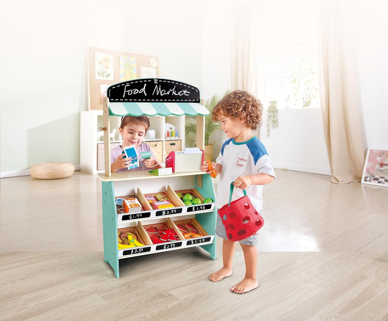 Hape Farmers Market Stall, Kitchen & Food Toys, Pretend Play for Kids Boys Girls, Wooden Toys, Non-Toxic Material, Mini Grocery Playset, Food Role Play, Accessories Included 62pcs, Ages 3Y+