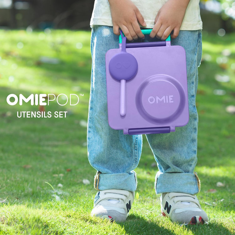 OmieBox Kids Utensils Set with Case - 2 Piece Plastic, Reusable Fork and Spoon Silverware with Pod for Kids (Lilac)
