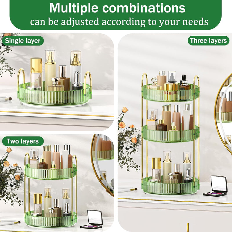 MOKANI 360 Rotating Makeup Organizer for Vanity, 3 Tier Adjustable Perfume Organizer for Dresser, Multi-Function Spinning Cosmetics Skincare Storage for Bedroom, Dresser, Countertop, Clear