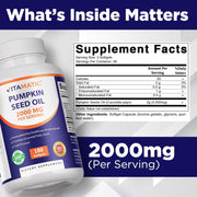 Pumpkin Seed Oil 2000mg Softgel Capsules per Serving - 180 Softgels - 1000mg per softgel - 180 Count (Pack of 1)