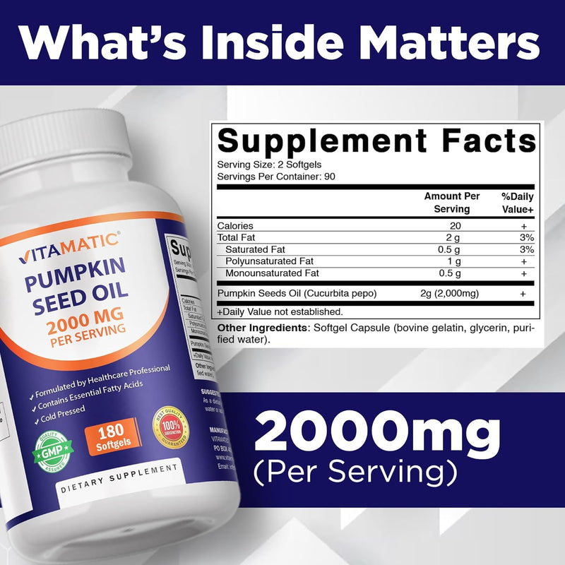 Pumpkin Seed Oil 2000mg Softgel Capsules per Serving - 180 Softgels - 1000mg per softgel - 180 Count (Pack of 1)