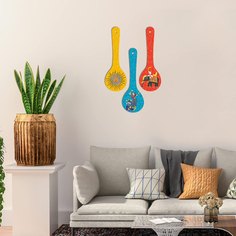 Artvibes Rajasthani Culture Wooden Wall Hanger for Home | Office | Living Room | Gift | Modern Decoration Items | Kitchen Wall Decor | Home Decor Hanging Items (WH_5012N), Set of 3