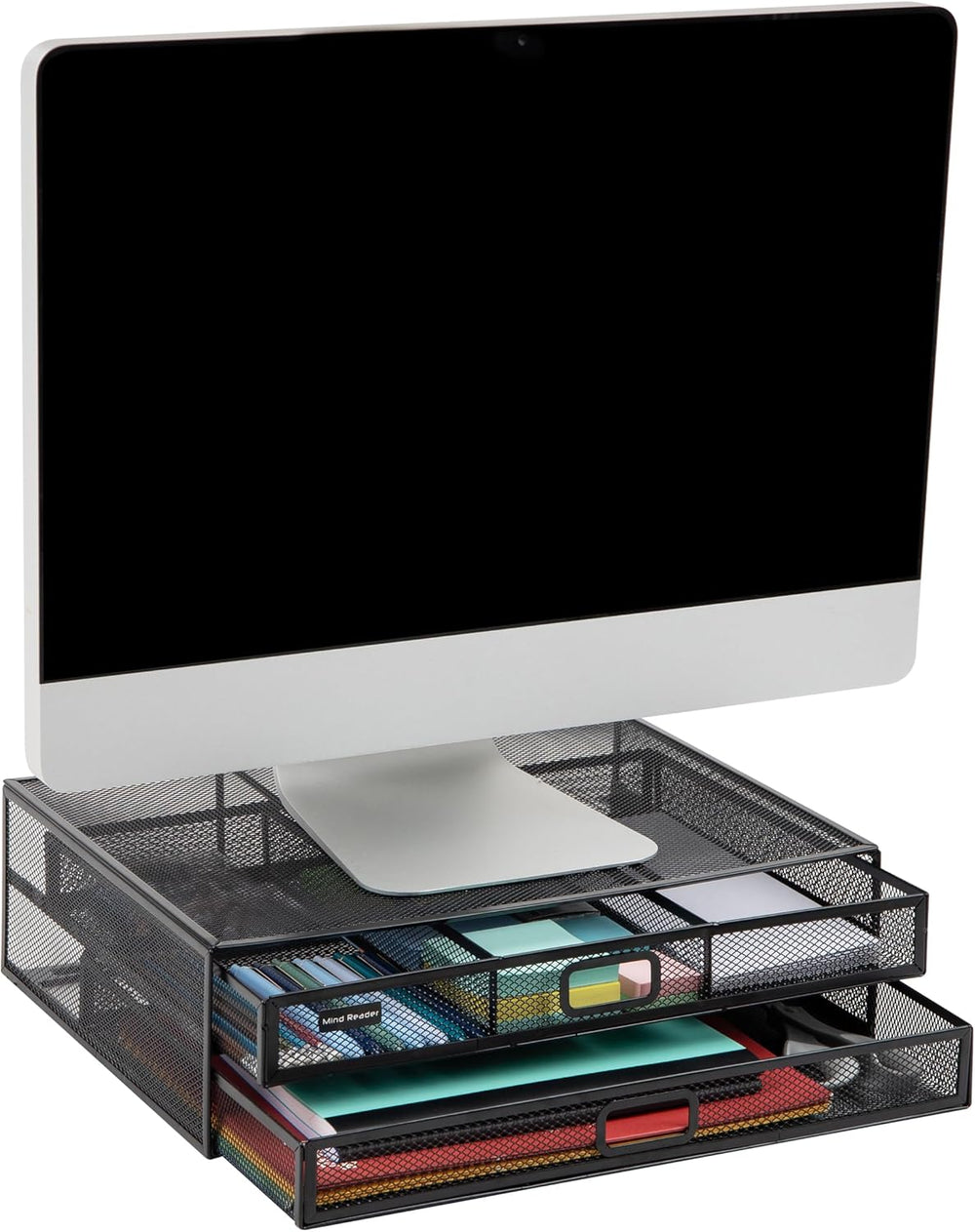 Mind Reader 2Meshmon-Blk Metal Mesh Stand And Desk Organizer With Drawer, Monitor Riser, Black-2 Pack