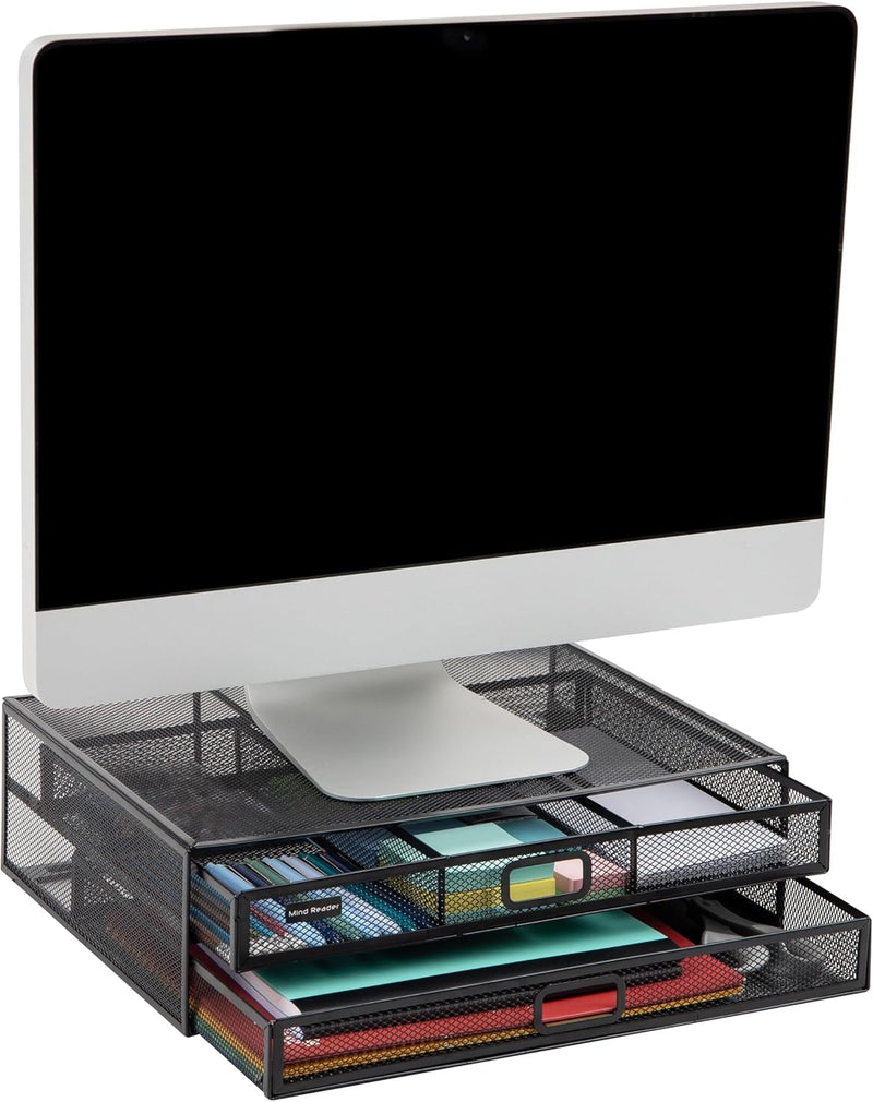 Mind Reader 2Meshmon-Blk Metal Mesh Stand And Desk Organizer With Drawer, Monitor Riser, Black-2 Pack - Black 2 Drawers