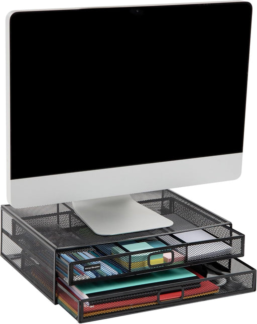 Mind Reader 2Meshmon-Blk Metal Mesh Stand And Desk Organizer With Drawer, Monitor Riser, Black-2 Pack - Black 2 Drawers