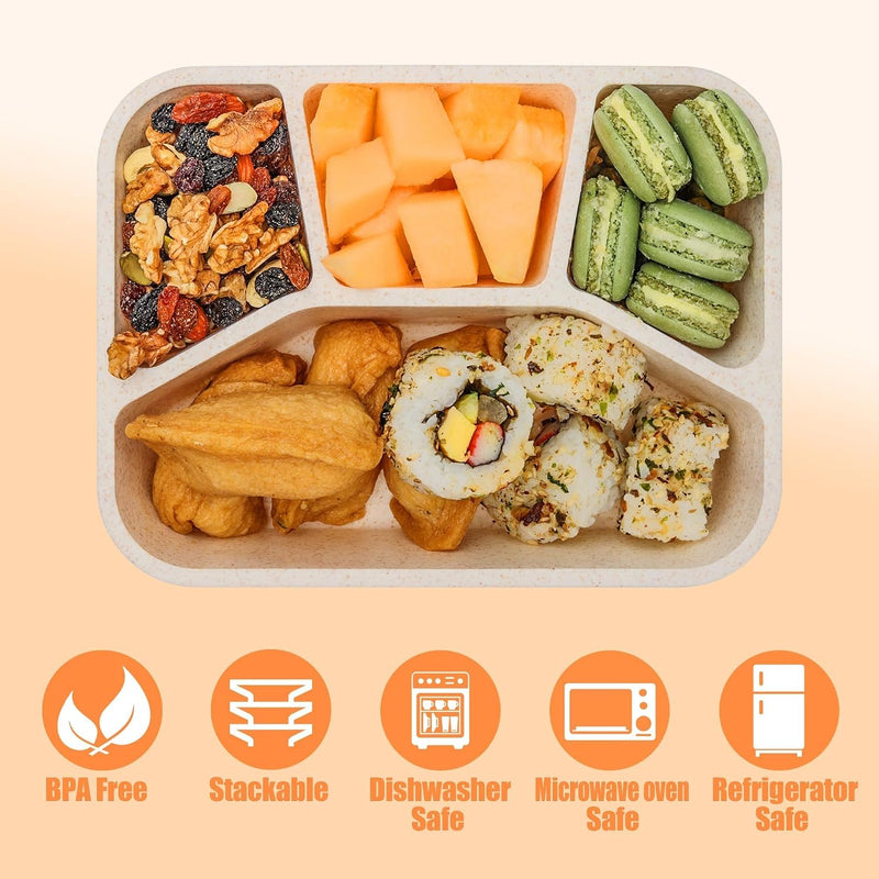 4 Pcs Wheat Straw PP 4-Compartment Bento Lunch Box, Reusable Snack Box for Adults and Kids, Meal Prep Containers for School, Work, Travel, Freezer and Dishwasher Safe