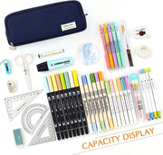 MISTHO Big Capacity Pencil Case 3 Compartment Pencil Pouch Pouch Pen Case Simple Stationery Bag School College Office Organizer for Teens Girls Boy Men Women Adults Student (Navy)