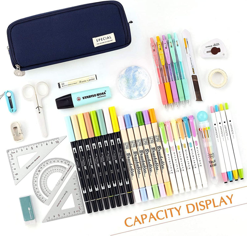 MISTHO Big Capacity Pencil Case 3 Compartment Pencil Pouch Pouch Pen Case Simple Stationery Bag School College Office Organizer for Teens Girls Boy Men Women Adults Student (Navy)