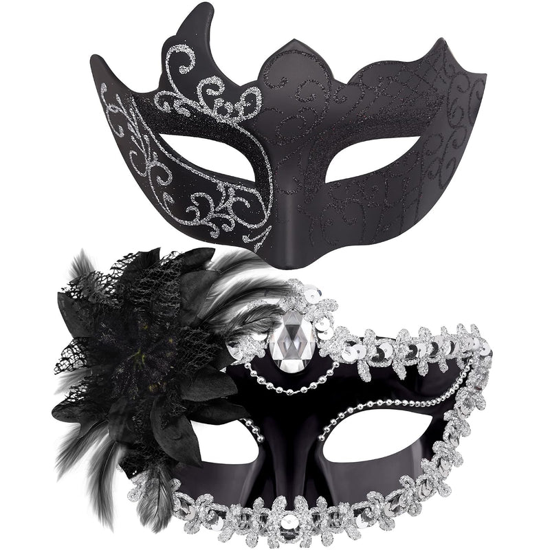 Couple Masquerade Masks Set Venetian Party Mask Plastic Halloween Costume Mask Mardi Gras Mask for Couples Women and Men, Black Silver - Black & Silver