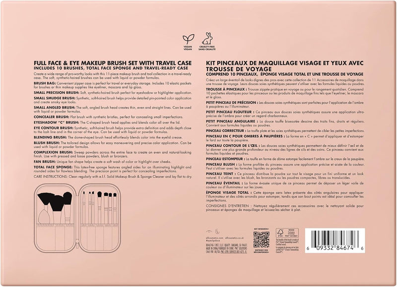 e.l.f. Full Face & Eye Makeup Brush Set, 11 Makeup Brushes For Foundation To Bronzer, Eyeshadow & More, Vegan & Cruelty-Free
