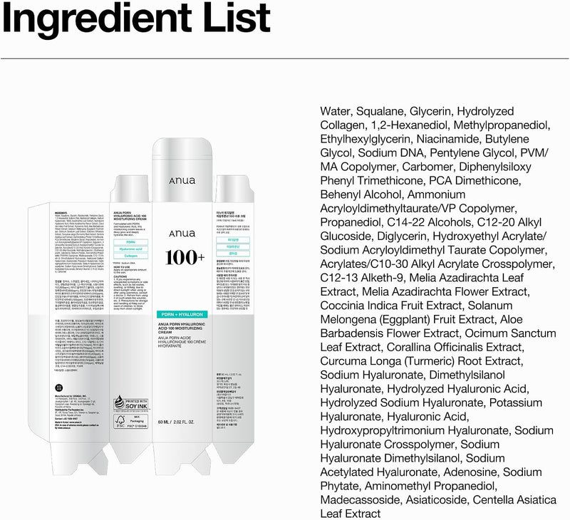 PDRN Hyaluronic Acid 100 Moisturising Cream Lightweight Moisturising Moisturising Cream with Salmon PDRN, Hyaluronic Acid, Collagen for Glass Skin, Korean Skin Care (60 ml)