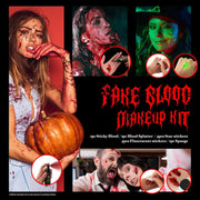 VANERIA Halloween Artificial Blood Set - Realistic & Washable Fake Blood, 50 ml Artificial Blood Spray, 50 ml Dripping Artificial Blood, Sponge, 4 Fake Scars & 4 Luminous Tattoos for Zombies, Vampires
