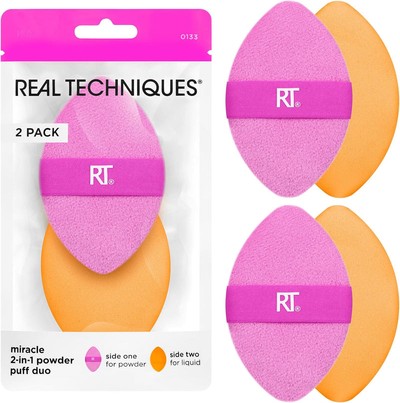 Miracle 2-In-1 Powder Puff, Dual-Sided Makeup Blending Puff, Reversible Elastic Band, Precision Makeup Sponge & Powder Puff, For Liquid, Cream & Powder Products, 1 Count - 1 Count (Pack of 2)