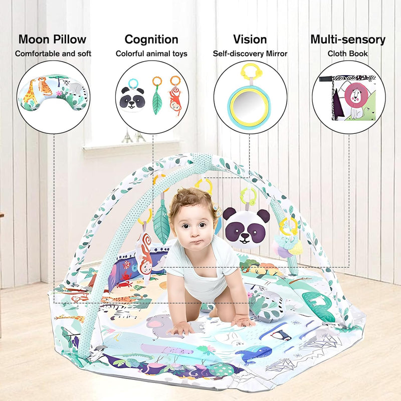 TFDER 7-in-1 Baby Play Gym, Infant Non-Slip Activity Blanket, Crawling Mat with Play Arch and Sensory Toys,Baby Toys 0+ Months,Black and White
