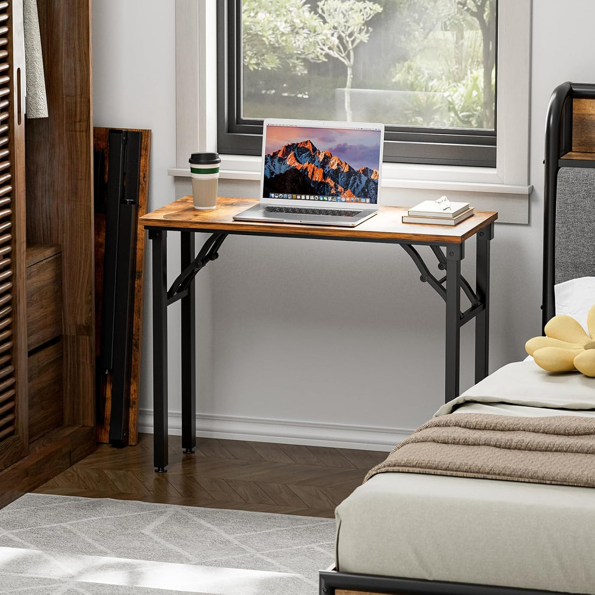 Small Computer Desk Folding Table - 35.8" Foldable Office Desk, No Assembly, Perfect for Small Spaces in Bedroom, Dorm, or Apartment, Portable Mini Desk or Study Table with Compact Design, Brown – image 2