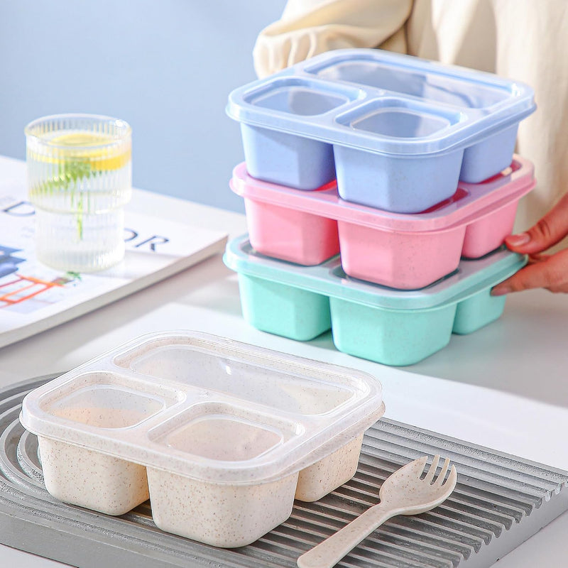 4 Pcs Stackable Wheat Straw PP 3-Compartment Bento Box, Meal Prep Container for School, Work, Travel, Freezer and Dishwasher Safe