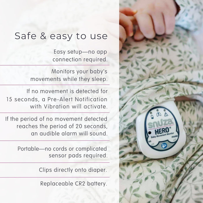 Snuza Hero Baby Monitor: Alerts When No Movement Detected, Gentle Vibration Pre-Alerts, Attaches to Diaper, No WiFi/Bluetooth, Medical Grade Material. Safer Sleep for Babies, Better Sleep for Parents.