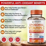 Liposomal Vitamin C Capsules (200 Pills 1500mg Buffered) High Absorption VIT C, Immune System & Collagen Booster, High Dose Fat Soluble Immunity Support Ascorbic Acid Supplement, Natural Vegan