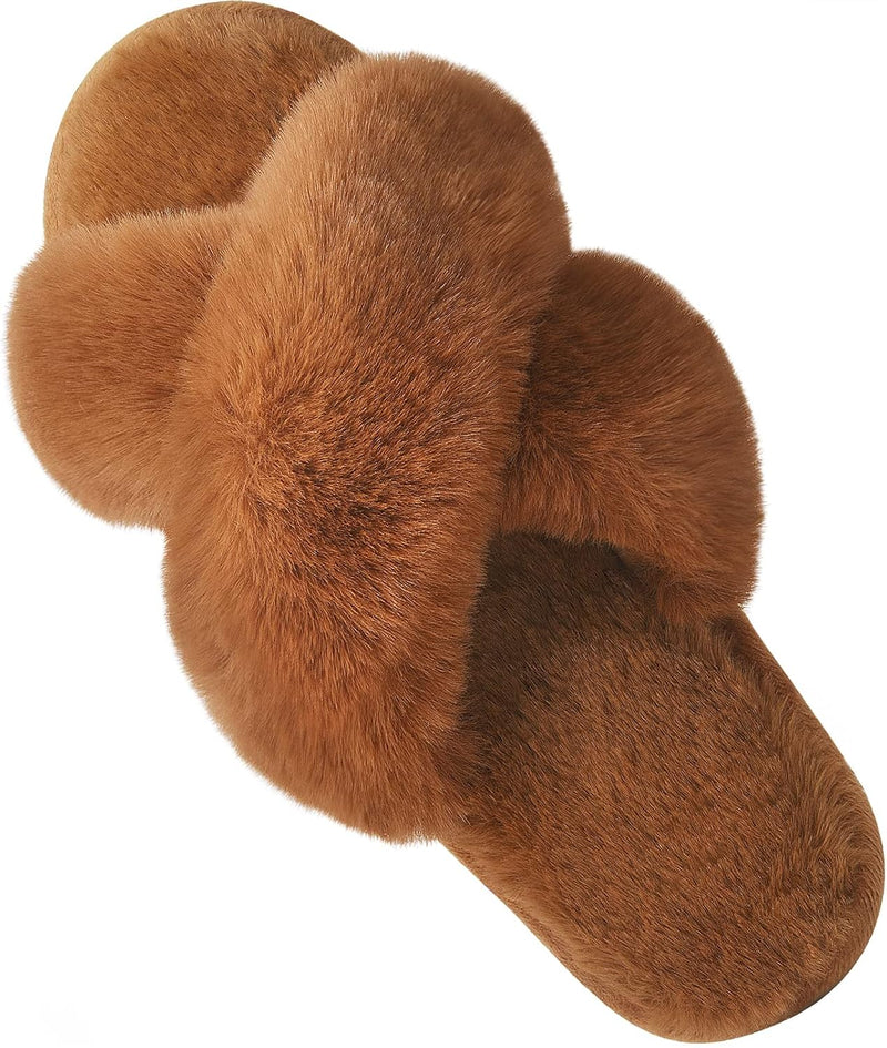 Women's Cross Band Slippers Soft Plush Furry Cozy Open Toe House Shoes Indoor Outdoor Faux Rabbit Fur Warm Comfy Slip On Breathable