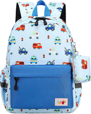 Preschool Kindergarten Backpack, Little Kid Backpacks for Boys and Girls with Chest Strap - Colorful Rescue Vehicles Light Blue