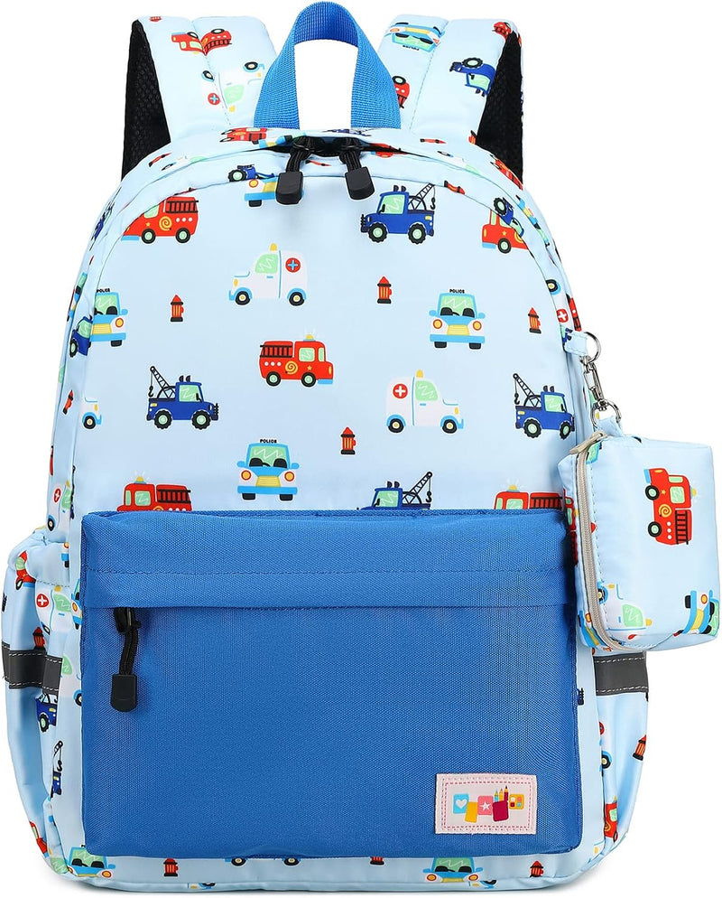 Preschool Kindergarten Backpack, Little Kid Backpacks for Boys and Girls with Chest Strap - Colorful Rescue Vehicles Light Blue