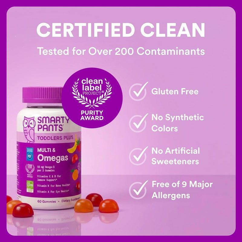 Toddler Multivitamin Gummies - Improved Formula: Omega 3 (DHA/EPA), Vitamins D3, C, Vitamin B12, B6, A, K & Zinc, Biotin, Gluten Free, Three Fruit Flavors, 60 Count (30 Day Supply)