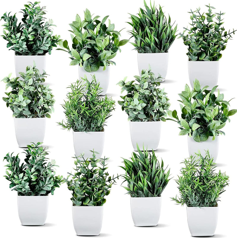 Dekorly Artificial Potted Plants, 8 Pack Artificial Plastic Eucalyptus Plants Small Indoor Potted Houseplants, Small Faux Plants for Home Decor Bathroom Office Farmhouse (Set 0F 8)