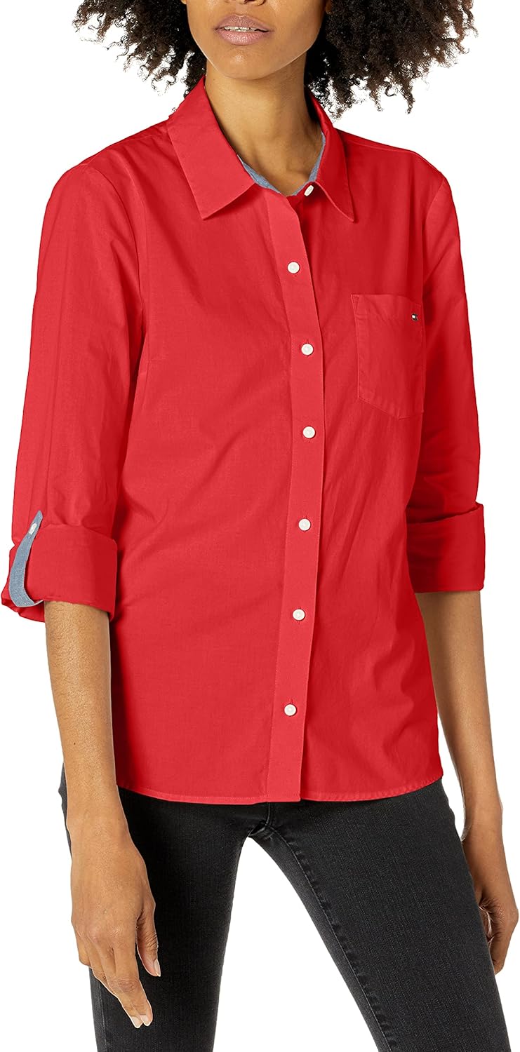 Button Collared Long Shirts for Women with Adjustable Sleeves