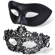 Couple Masquerade Masks Set Venetian Party Mask Plastic Halloween Costume Mask Mardi Gras Mask for Couples Women and Men, Gold - Black Contoured Lace