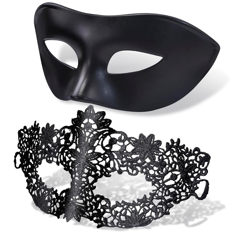 Couple Masquerade Masks Set Venetian Party Mask Plastic Halloween Costume Mask Mardi Gras Mask for Couples Women and Men, Gold - Black Contoured Lace