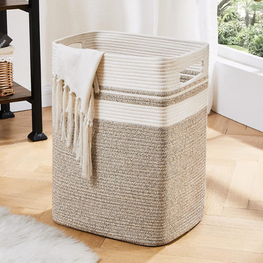 OIAHOMY Laundry Hamper - Tall Cotton Storage Basket with Handles - Decorative Blanket Basket for Living Room, Collapsible Large Basket for Toys, Pillows, Clothes - 16x13x22in - Yellow Variegated - Yellow, multi-coloured Large