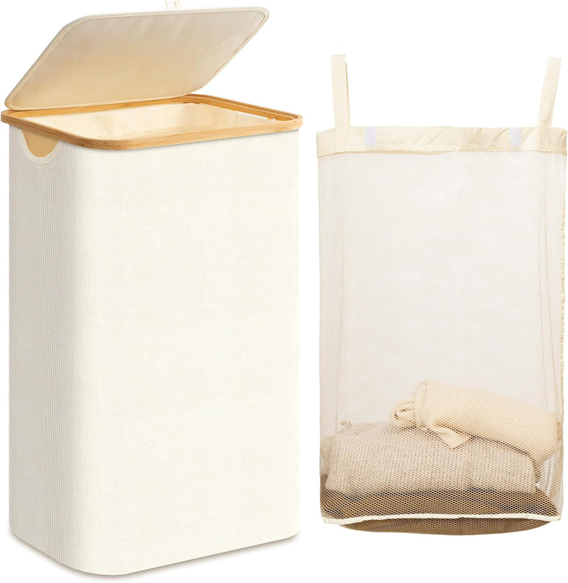 Laundry Hamper with Lid, 120L Large Laundry Basket with Bamboo Handles and Removable Inner Bag, Collapsible Dirty Clothes Hamper Laundry Bin for Bathroom, Bedroom, Dorm Laundry Room(Beige) - Beige 120L