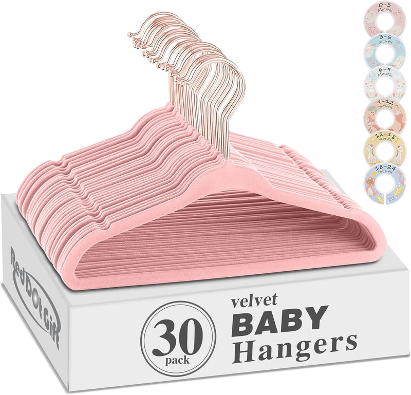 Red Dot Gift® Baby Velvet Hangers 11Inch/28cm - Nursery Clothes Hangers Non Slip Toddler Hangers, 360 Chrome Swivel Hook (White, 30)