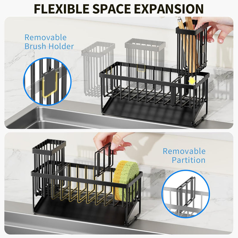Cisily Kitchen Sink Organizer, 1-Shelf Stainless Steel Sponge Holder with Automatic Drainage, Space Saving, Efficient Divider Design - Black