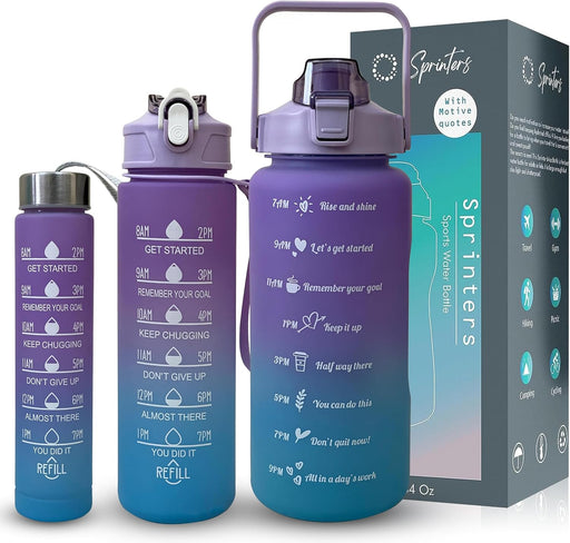 Large 2 Liters Water Bottle 64Oz BPA Free, Multicolor - Leak Proof With Straw, Motivational Quote And Time Marker, Anti Slip For Sport,Fitness, Gym, Picnic Outdoor( )) - Purple/Blue Pack Of 3
