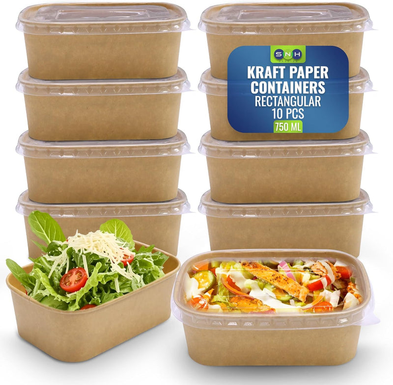 Disposable 25-Pack Kraft Paper Containers 500 ml with Lid, Rectangular Disposable Bowls, Sturdy Food Salad Containers, Eco-Friendly Takeaway Lunch Boxes, Microwave Safe, Heavy Duty Meal Prep Box - Brown (Pack 10) 750 ml