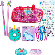 Unicorn Pencil Case for Girls, Multi Slot Large Capacity Pencil Case for Kids with Gel Pens, Eraser, Stickers & Tattoos, Eid Gift Set - Glamorous RED - Glamorous Red
