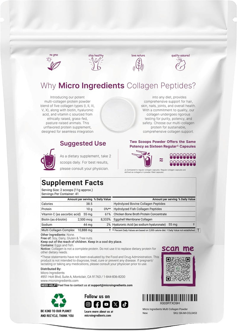 Multi Collagen Peptides Powder, 1 Pound (16 Ounce) - Type I,II,III,V,X with Biotin 10,000mcg, Hyaluronic Acid, Vitamin C - Unflavored - Keto & Paleo Friendly, Easy Dissolve, Non-GMO, Gluten Free