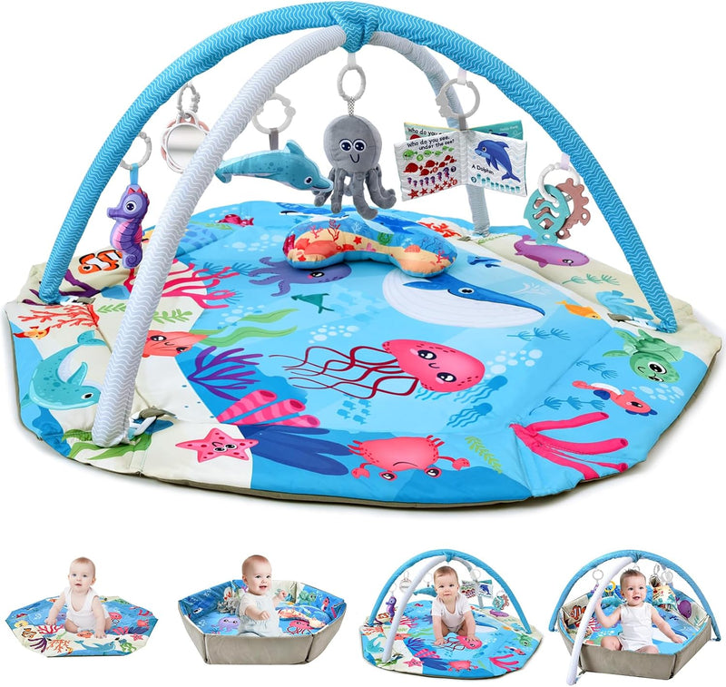 TFDER 7-in-1 Baby Play Gym, Infant Non-Slip Activity Blanket, Crawling Mat with Play Arch and Sensory Toys,Baby Toys 0+ Months,Black and White