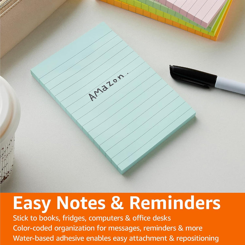 Amazon Basics Lined Sticky Notes, 4 x 6-Inch, Assorted Colors, 5-Pack
