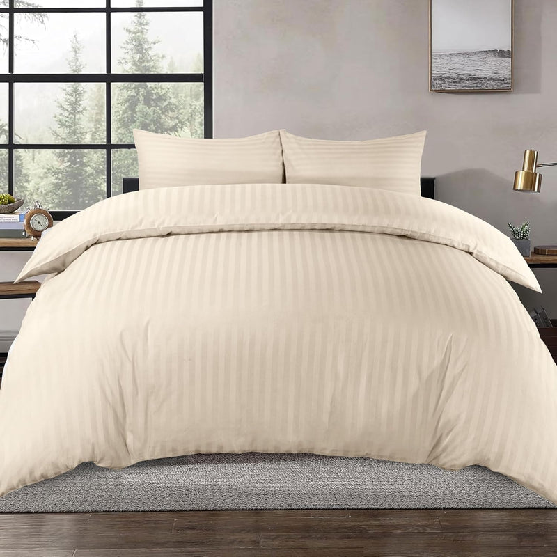 100% Cotton Luxury Hotel Quality Sateen Duvet Cover Set, 2cm Satin Stripe, Hidden Button Closure, Ultra-Soft Sateen Weave, Breathable & Hypoallergenic (White, Queen 240x220cm) - Mocha/Sand Full/Double 210x210cm