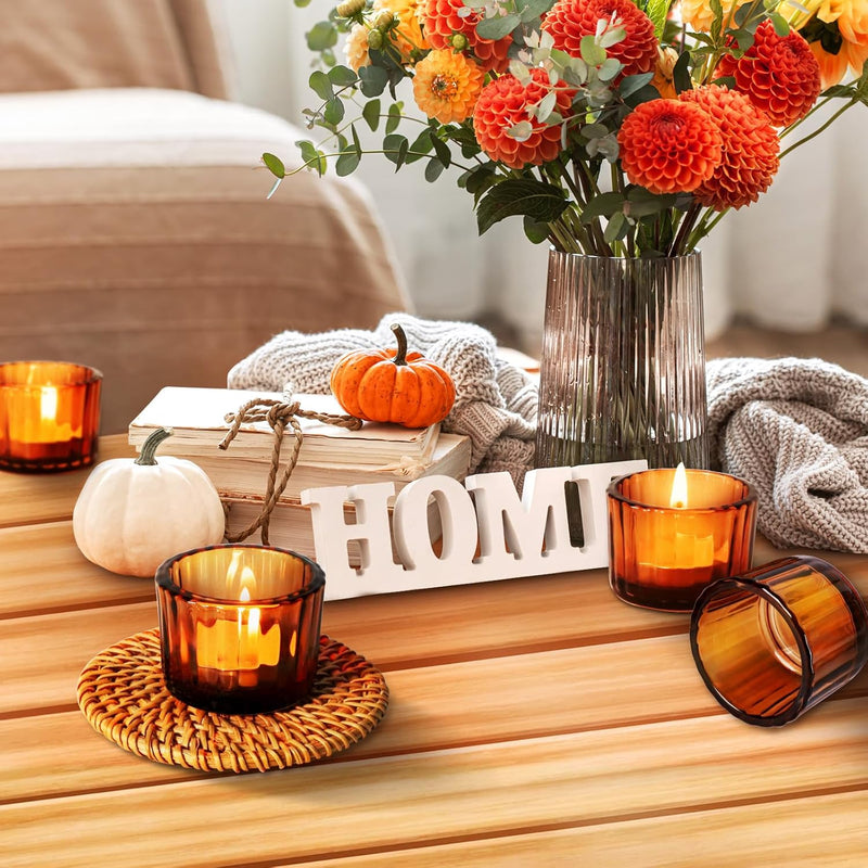 SKYLINK 12 Pack Amber Glass Votive Candle Holders, Thick Ribbed Glass Tealight Holders for Weddings, Home Décor, Parties, Spa, Table Centerpieces