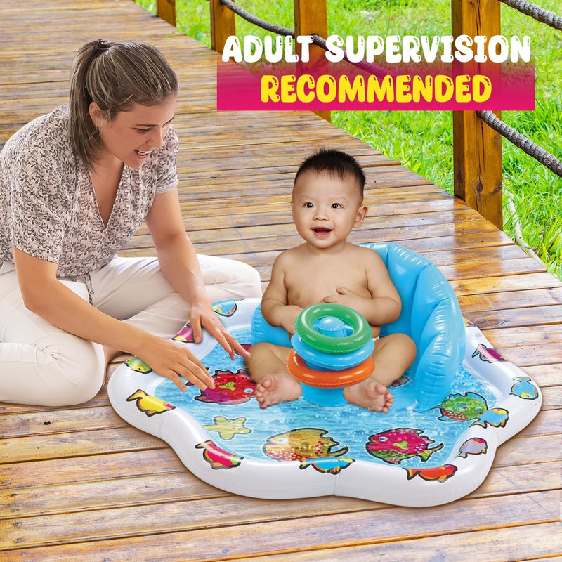 Bundaloo Baby Splash Pad with Inflatable Backrest and Stackable Ring Toys – Sensory Water Play Mat for Infants and Toddlers – Summer Outdoor Fun
