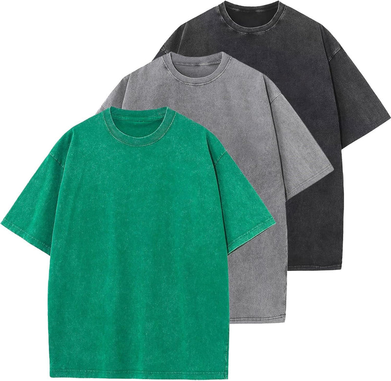 Mens Cotton T-Shirt, Oversized, Unisex, Short-Sleeved, Casual, Loose Fit, Washed, Solid Color - A-green+grey+black