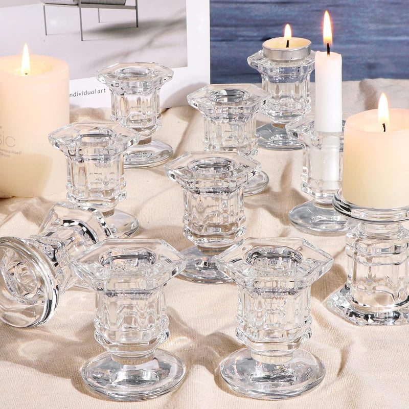 TERRIFI 12 Pcs Taper Candle Holders Set, Clear Glass Crystal Candlestick Holders, Ideal for Wedding Table Centerpieces and Home Decoration